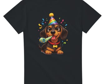 Party Dog Vibes T-Shirt – Cute Dachshund with Horn & Hat | Funny Celebration Shirt | Unisex