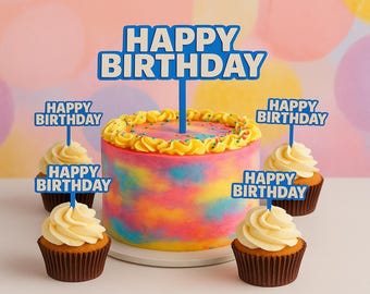 Happy Birthday Cake Topper and Muffin Topper Set – 2 Variants: Boy and Girl – Cake Decoration & Cupcake Decoration – Blue or Pink – 4, 8, 12 Pieces