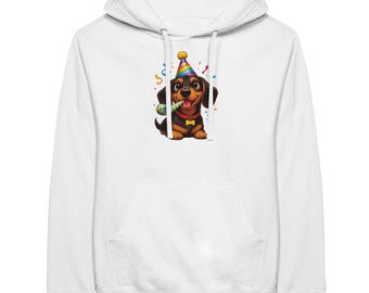 Party Dachshund Vibes Hoodie – Funny Dachshund with Party Hat | Funny Birthday Pullover | Unisex