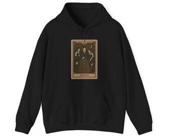 Justitie tarotkaart parodie hoodie - gotische mock tarot grafische sweater, grappige occulte trui, alternatieve nieuwigheid cadeau top