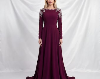 Purple Maxi Evening Gown – Beaded Shoulder, Long Sleeve Formal Dress