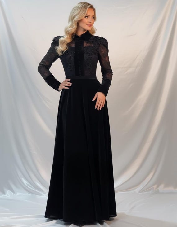 Black Lace Evening Gown: Elegant Long Sleeve Formal Dress Black Lace Evening Gown: Elegant Long Sleeve Formal Dress