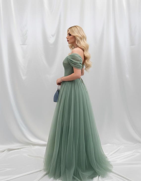 Sage Green Tulle Off-shoulder Gown: Elegant Formal Dress - Etsy