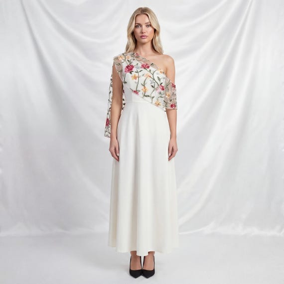 one shoulder floral wedding guest dress One-Shoulder Knee-Length Wedding-Guest Dress 29271 Black / 00