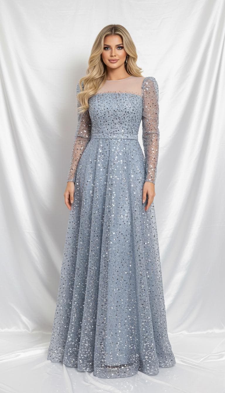 Blue Silver Sequin Evening Gown: Sheer Sleeve A-line Formal Dress - Etsy Blue Silver Sequin Evening Gown: Sheer Sleeve A-line Formal Dress - Etsy
