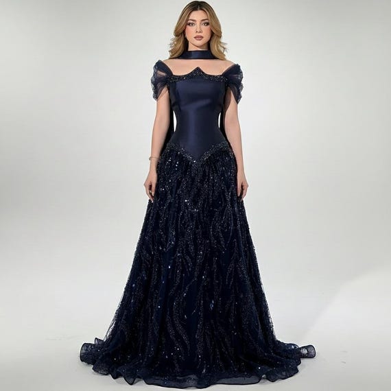 navy blue sequin prom dress Elegant Navy Blue Spaghetti Strap Mermaid Prom Dress with Beaded Bodice and  Sequin Bottom 22193 main image 1