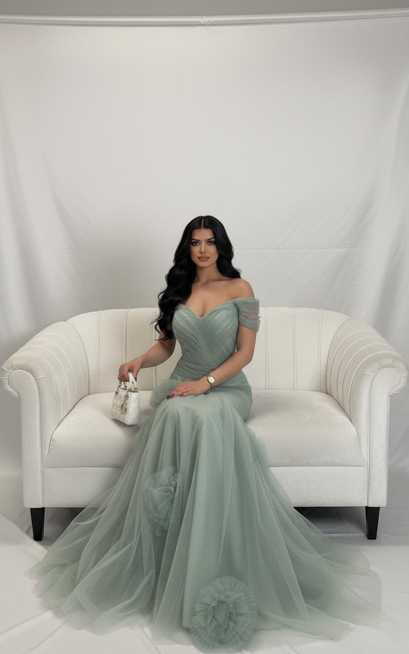 Sage Green Tulle Mermaid Gown: Floral Off-shoulder Prom Dress - Etsy