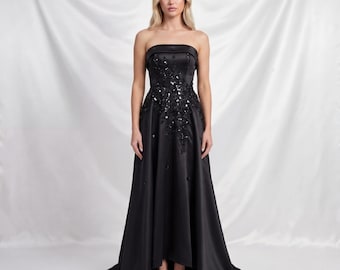 Elegant A-line Black Satin Dress  Structured Corset Top, Draped Neckline,  Long Formal Gown - Etsy