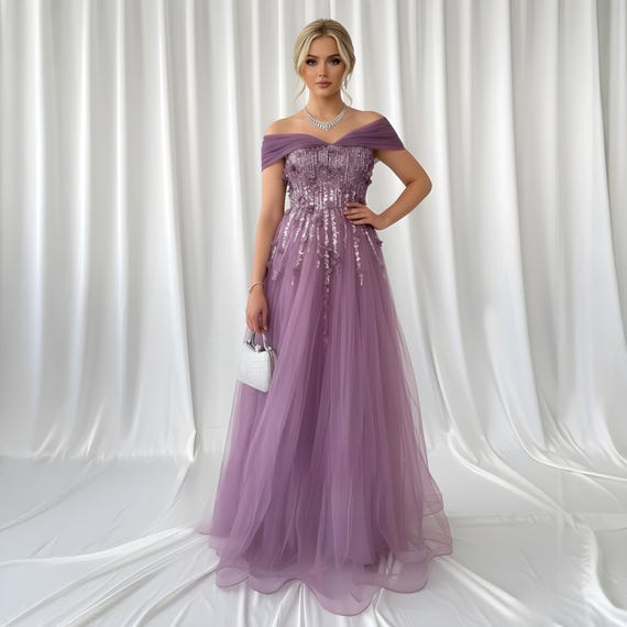 Lilac Sequin Tulle Evening Gown: Off-shoulder Prom Dress - Etsy Israel Lilac Sequin Tulle Evening Gown: Off-shoulder Prom Dress - Etsy Israel