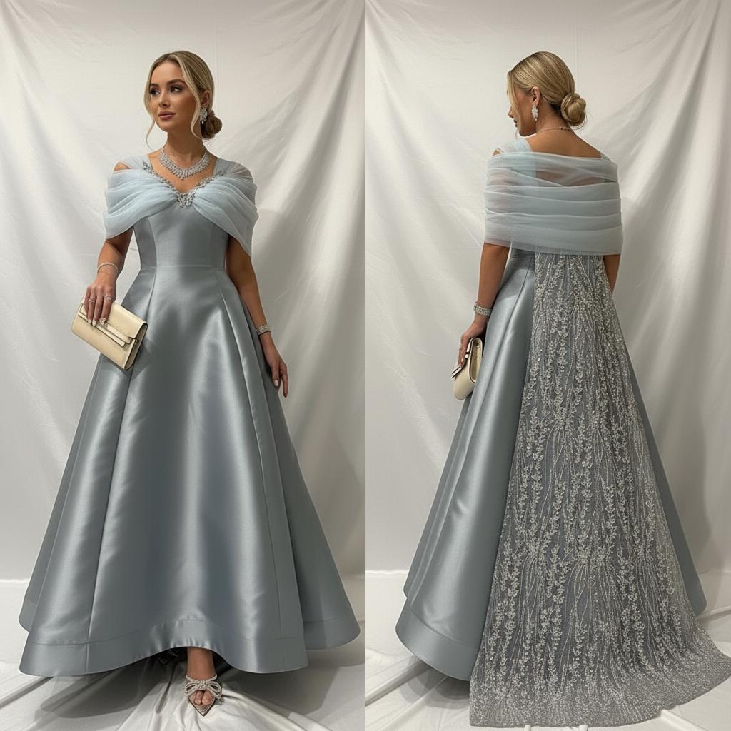 Dark Grey Satin Half Sleeve Ruched Evening Dress