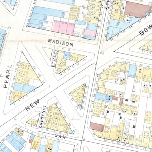 May include: A detailed, vintage map fragment showing streets such as Madison, Pearl, and Bowery. The map uses a colour-coded system to differentiate buildings and plots, with text labels indicating street names and property numbers. The map is a historical document.