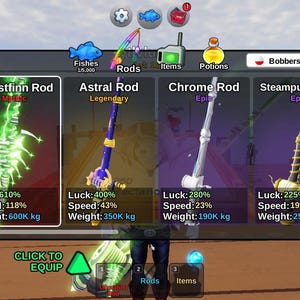 Könnte beinhalten: Ein Screenshot eines Videospiels mit vier Angelruten: Ghostfinn, Astral, Chrome und Steampunk. Jede Rute wird mit Statistiken für Glück, Geschwindigkeit und Gewicht präsentiert. Die Spieloberfläche zeigt auch Menüoptionen für Fische, Ruten, Gegenstände, Tränke und Bobbers.