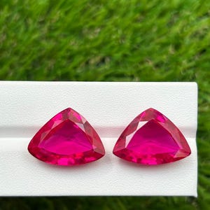 Può includere: Due vivaci pietre preziose rosa acceso tagliate in forma triangolare con molteplici sfaccettature. Le pietre sono posizionate fianco a fianco su una superficie espositiva bianca, mostrando una superficie brillante e un colore magenta saturo.