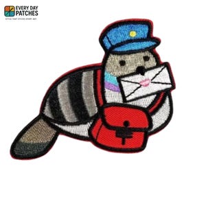 May include: Embroidered patch featuring a cartoon seal dressed as a mail carrier. The seal wears a blue hat and striped backpack, holding a letter with a pink heart stamp. The patch has the text "EVERY DAY PATCHES" and "STYLE THAT STICKS EVERY DAY".