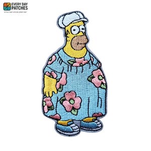 May include: Embroidered patch featuring Homer Simpson in a Hawaiian shirt with pink flowers. The patch has a light blue background, yellow skin, and a white cap. The patch is from Every Day Patches.