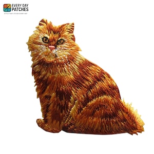 Op de afbeelding: Geborduurde patch met een gedetailleerde oranje tijgerkat in een zittende positie. De patch heeft een pluizig uiterlijk met ingewikkelde steken, die de vacht en gelaatstrekken van de kat laten zien. De patch bevat de tekst "EVERY DAY PATCHES" en "STYLE THAT STICKS EVERY DAY".