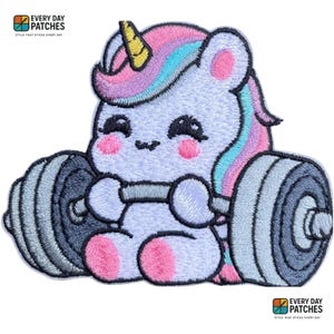 May include: Embroidered patch featuring a cartoon unicorn lifting a barbell. The unicorn has a light purple body, pink cheeks and hooves, and a colorful mane. The barbell is gray. The patch has the text "EVERY DAY PATCHES" on it.