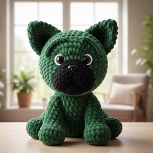 May include: A handmade, green crochet pug dog with a black snout and white eyes. The plush toy is sitting on a wooden surface. The pug has large, floppy ears and is made of a soft, textured yarn.