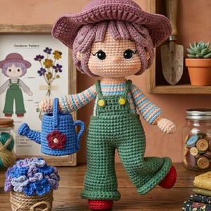 May include: A handmade crochet doll dressed as a gardener, wearing a purple hat, striped shirt, and green overalls. The doll holds a blue watering can with a red flower. A framed illustration of a gardener is in the background.
