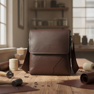 Könnte beinhalten: Eine braune Leder-Umhängetasche mit Klappenverschluss und verstellbarem Schulterriemen. Die Tasche wird auf einem Holztisch mit Lederwerkzeugen und -materialien gezeigt, darunter Garnrollen und ein Hammer.