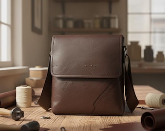 May include: A brown leather messenger bag with a flap closure and adjustable shoulder strap. The bag is shown on a wooden table with leatherworking tools and materials, including spools of thread and a mallet.