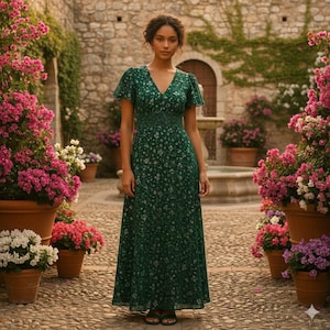 Peut inclure: Une femme porte une longue robe verte à imprimé floral avec des manches courtes à volants et un col en V. La robe a un corsage ajusté et une jupe fluide. En arrière-plan, un mur en pierre, des fleurs en pot et une fontaine.