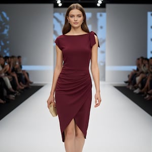 May include: A burgundy-colored dress with a knee-length, wrap-style skirt and a boat neckline. The dress features a bow detail on the shoulder and is paired with a small, woven clutch. The model is walking on a runway.