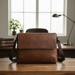 May include: A brown leather messenger bag with a flap closure and adjustable shoulder strap. The bag is sitting on a wooden desk. The bag has a textured appearance and metal accents.