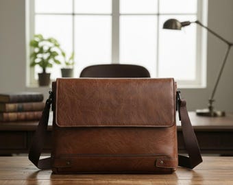 May include: A brown leather messenger bag with a rectangular flap, a structured body, and a wide adjustable shoulder strap. The bag features a smooth, polished finish with visible stitching along the bottom edge and two small metal rivets.