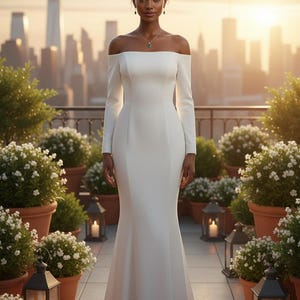 以下が含まれることがあります： オフショルダーの白いウェディングドレス、長袖、マーメイドシルエット。 屋上テラスで、鉢植えの植物とランタンを背景に、そのドレスを着た人が立っています。 背景には夕焼けの街並みが広がっています。