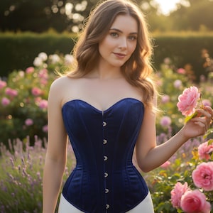 May include: A strapless, navy blue velvet corset with silver-colored clasps. The corset is worn in a garden setting with pink roses in the background. The garment has a sweetheart neckline and a fitted silhouette.