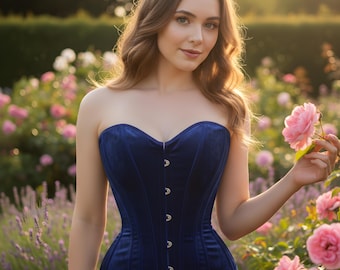 Op de afbeelding: Een strapless, marineblauw fluwelen korset met zilverkleurige sluitingen. De foto is gemaakt in een tuin met roze rozen op de achtergrond. Het kledingstuk heeft een sweetheart-halslijn en een getailleerd silhouet.