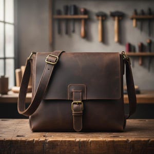 以下が含まれることがあります： フラップ開閉と調節可能なショルダーストラップが付いた、茶色の革製メッセンジャーバッグ。バッグは真鍮色のバックルと金具が特徴です。バッグは木製の表面に置かれ、背景にはツールがあります。