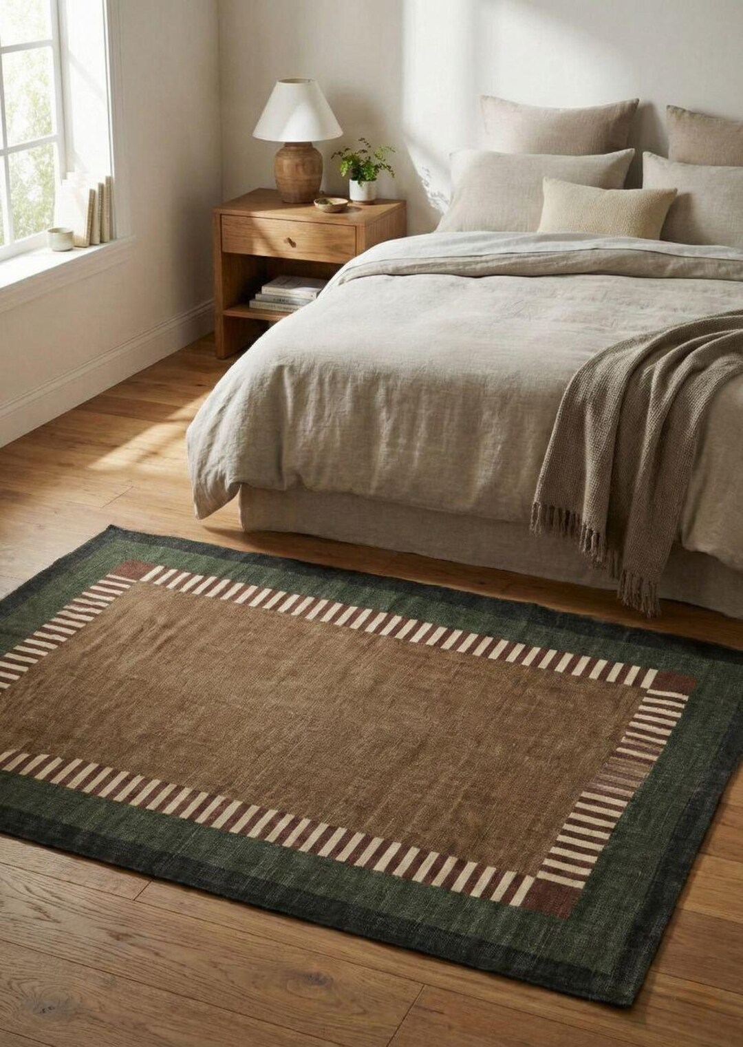 Striped Border Rug Handwoven Flatweave Area Rug Earth Tone Striped Border Rug in Moss ...
