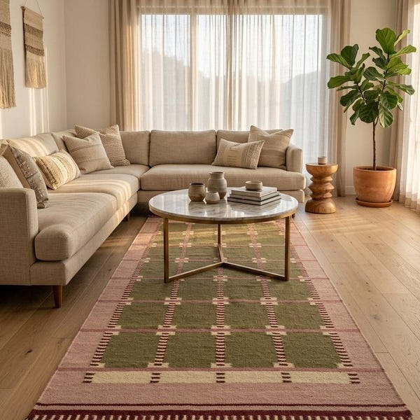 Tappeto scandinavo a trama piatta, verde salvia e rosa cipria, stile moderno svedese, kilim geometrico