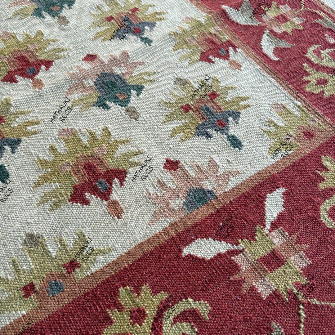 Kilim Rugs Border Handwoven Wool Kilim Rug : Red Border, Floral Tapestry Housewarming ...