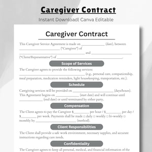 Editable Caregiver Contract Template: Childcare, Elder Care, Nanny (PDF & Canva)