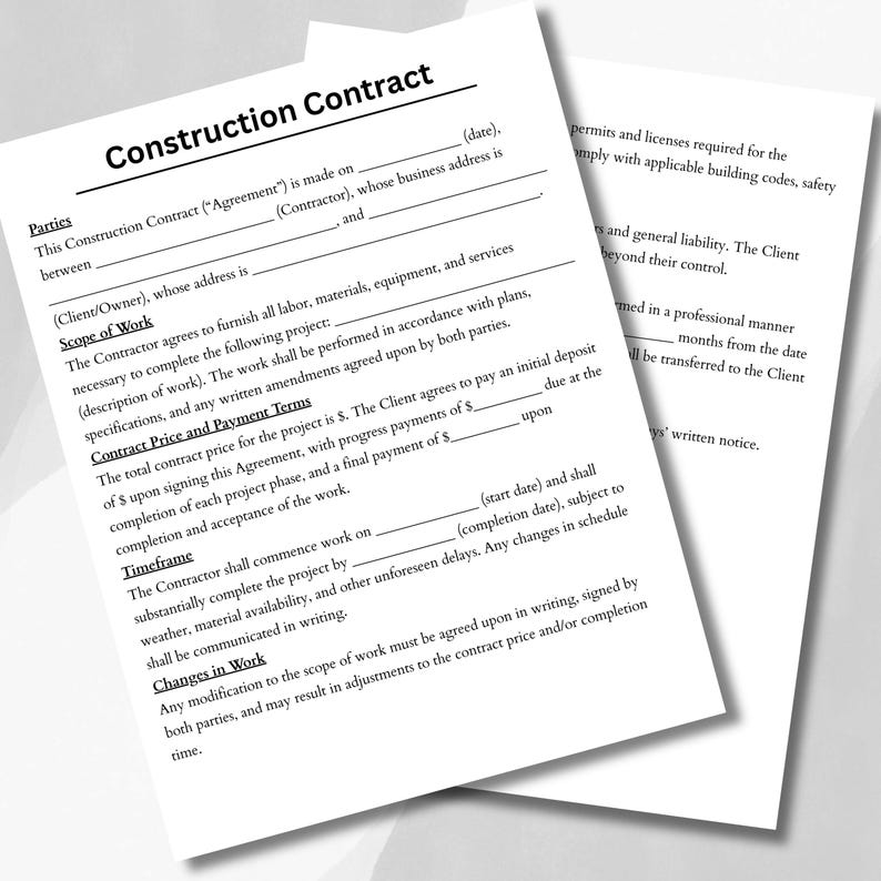 Editable Construction Contract Template: Printable Canva PDF (digital ...