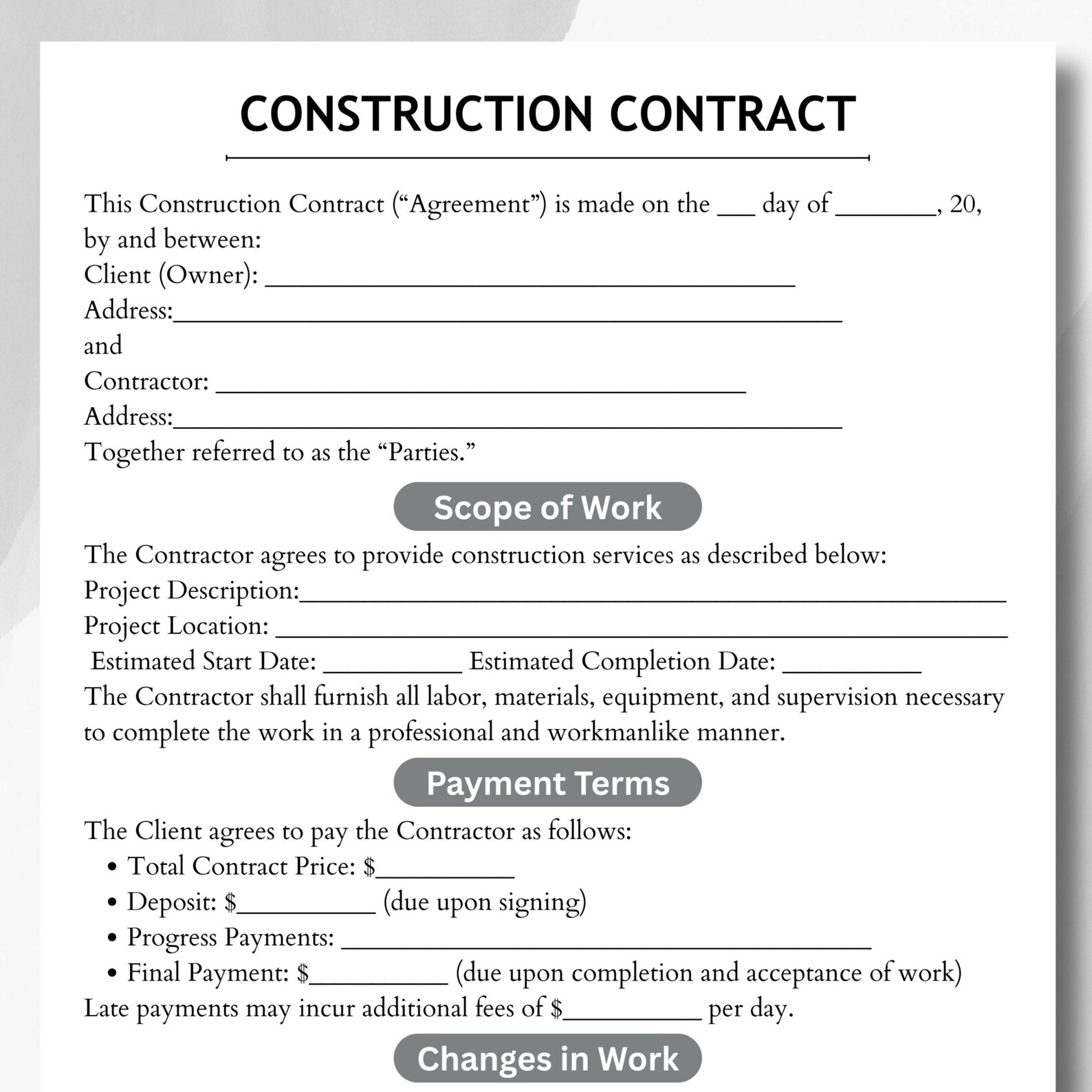 Editable Construction Contract Template: Printable Canva PDF (US Letter ...