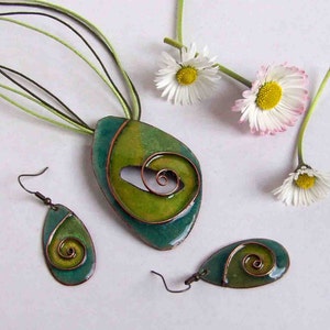 Lifespiral Cloisonne Enamel necklace and earrings jewelery set in green and yellow  Handmade enamel Bohemian necklace with matching earrings