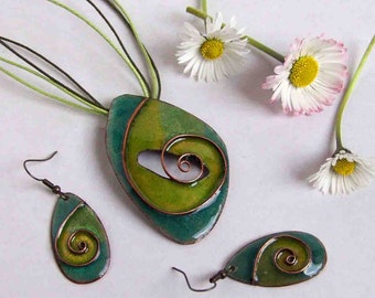 Lifespiral Cloisonne Enamel necklace and earrings jewelery set in green and yellow  Handmade enamel Bohemian necklace with matching earrings