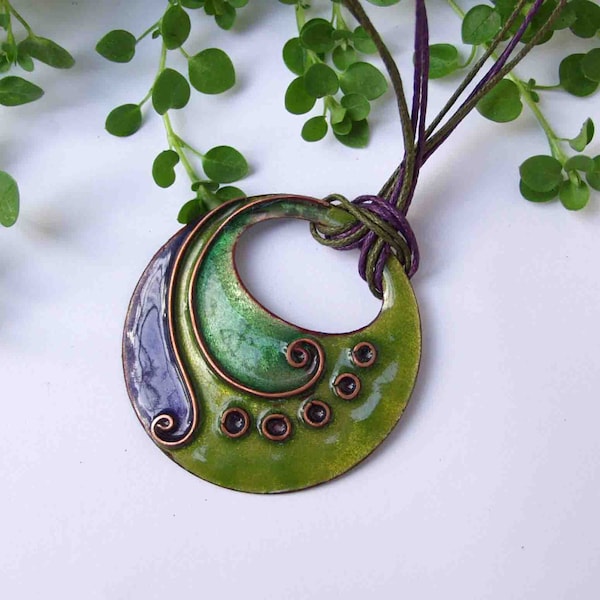 Lifespiral Cloisonne Enamel pendant in green and purple, garden vitreous enamel necklace