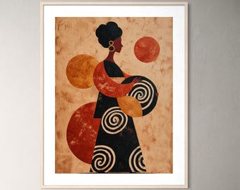 Boho Black Woman Wall Art, Abstract Earth Tone Print, Afrocentric Folk Art Decor, Terracotta African American Art, Mid Century Poster