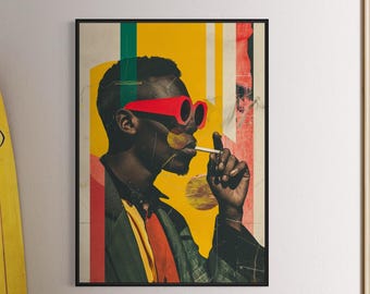Kunstdruck „Rote Sonnenbrille“ auf schwarzem Hintergrund, Poster „Schwarzer Mann im Retro-Collage-Stil“, ausdrucksstarkes Wandposter – das perfekte Geschenk