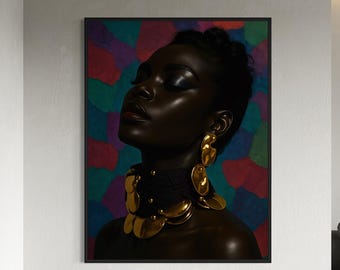 Ritratto di ragazza nera, arte nera di lusso, arte murale di moda femminile nera, arte murale afrocentrica, arte urbana astratta nera, arte afroamericana