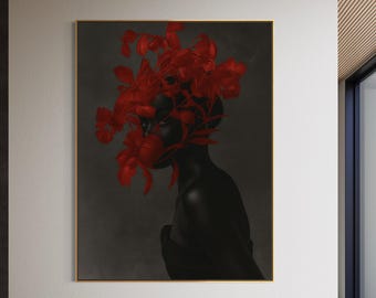 Arte mural de moda, impresión de arte negro, arte de mujer negra, arte mural de niña negra, arte mural floral, arte negro de lujo afrocéntrico, arte afroamericano