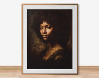 Black Woman Wall Art, Regal Melanin Queen Dark Renaissance Afro Natural Hair Portrait, African American Bedroom Decor, Black Culture Print