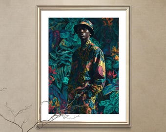 Schwarze Kunstdrucke, Schwarzer Mann Porträt, Schwarze Junge Blumenwandkunst, Urban Fashion Kunstwerk, Afrocentric Wandkunst, Blumen Kunstdruck