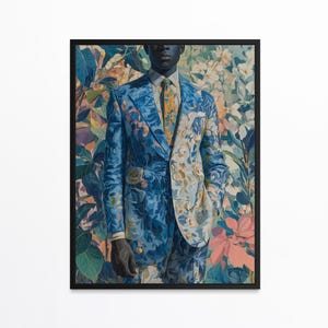 Black Man Floral Suit Art, Dapper Gentleman Botanical Print, Blue Floral Menswear Decor, African American Fine Art Portrait, Afro Poster