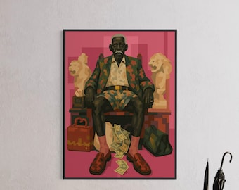 Black Elder Man Wall Art, Geometric Cubist Portrait Print, African American Grandfather Art, Bold Money Motif Decor